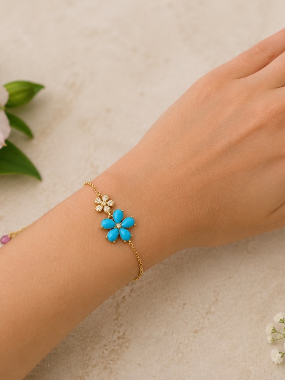 New Turquoise Flower & Pink Tourmaline Bracelet – 14K Gold Plated